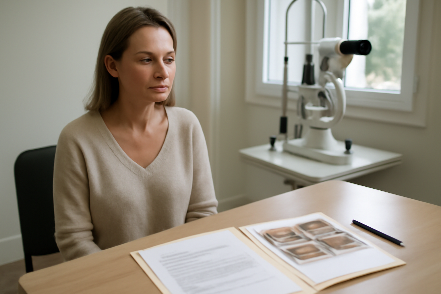 Photo réaliste d’une consultation ophtalmologique après une blépharoplastie, avec photos standardisées des paupières sur un bureau