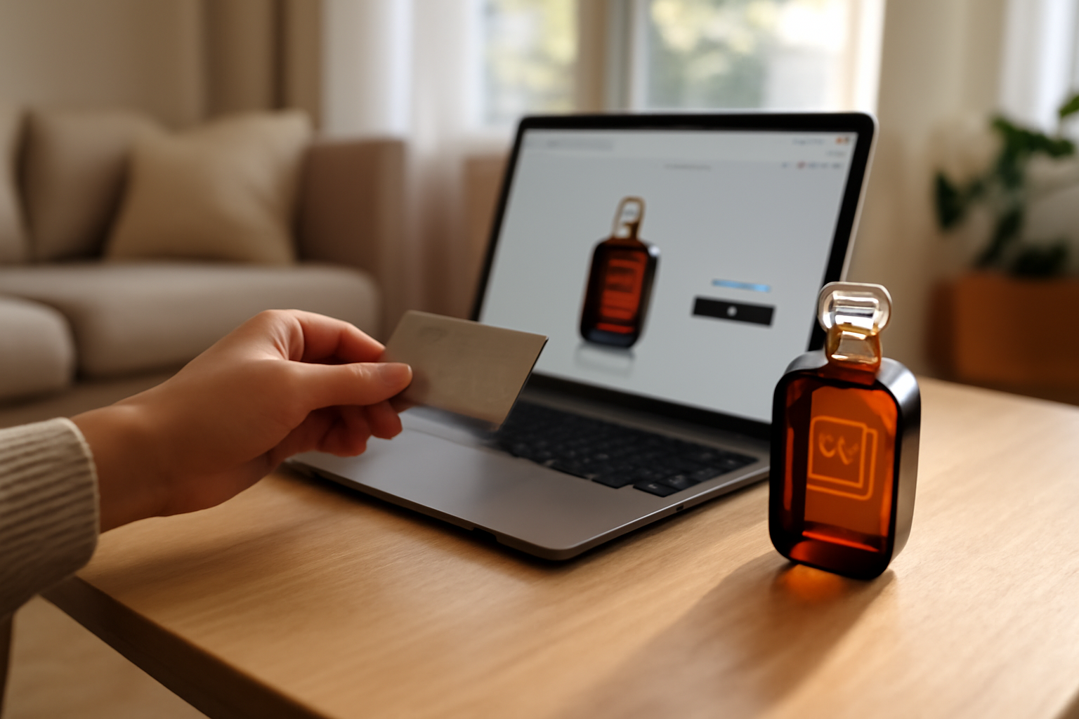 Bouteille de parfum kayali sur une table près d’un ordinateur affichant une boutique en ligne officielle