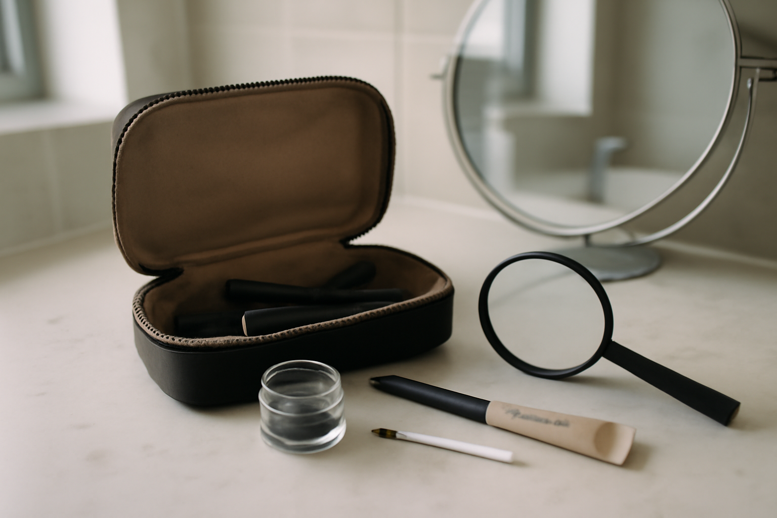 khôl sans plomb pour les yeux, poudre et kajal sur table de maquillage