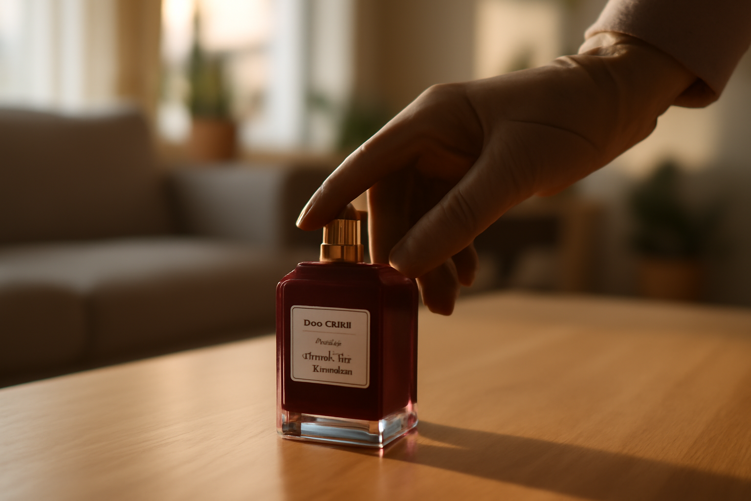 flacon lost cherry tom ford eau de parfum sur table en bois, lumière chaude, ambiance luxueuse