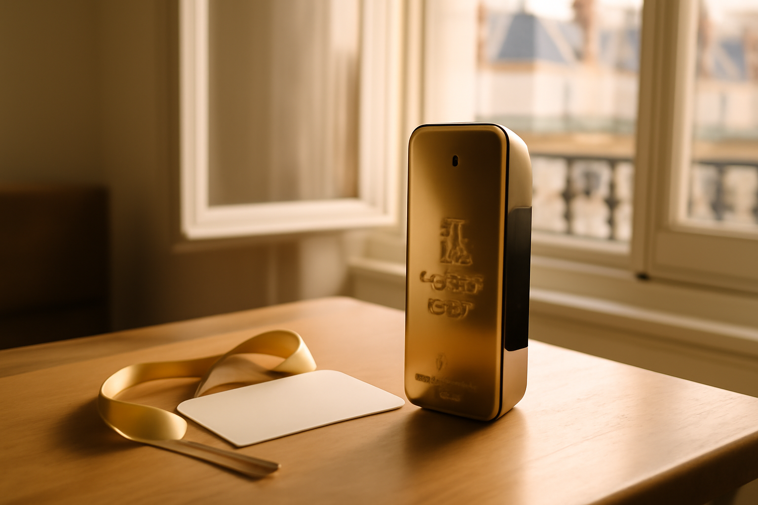 luchtje one million, flacon doré sur table avec lumière naturelle, idée cadeau