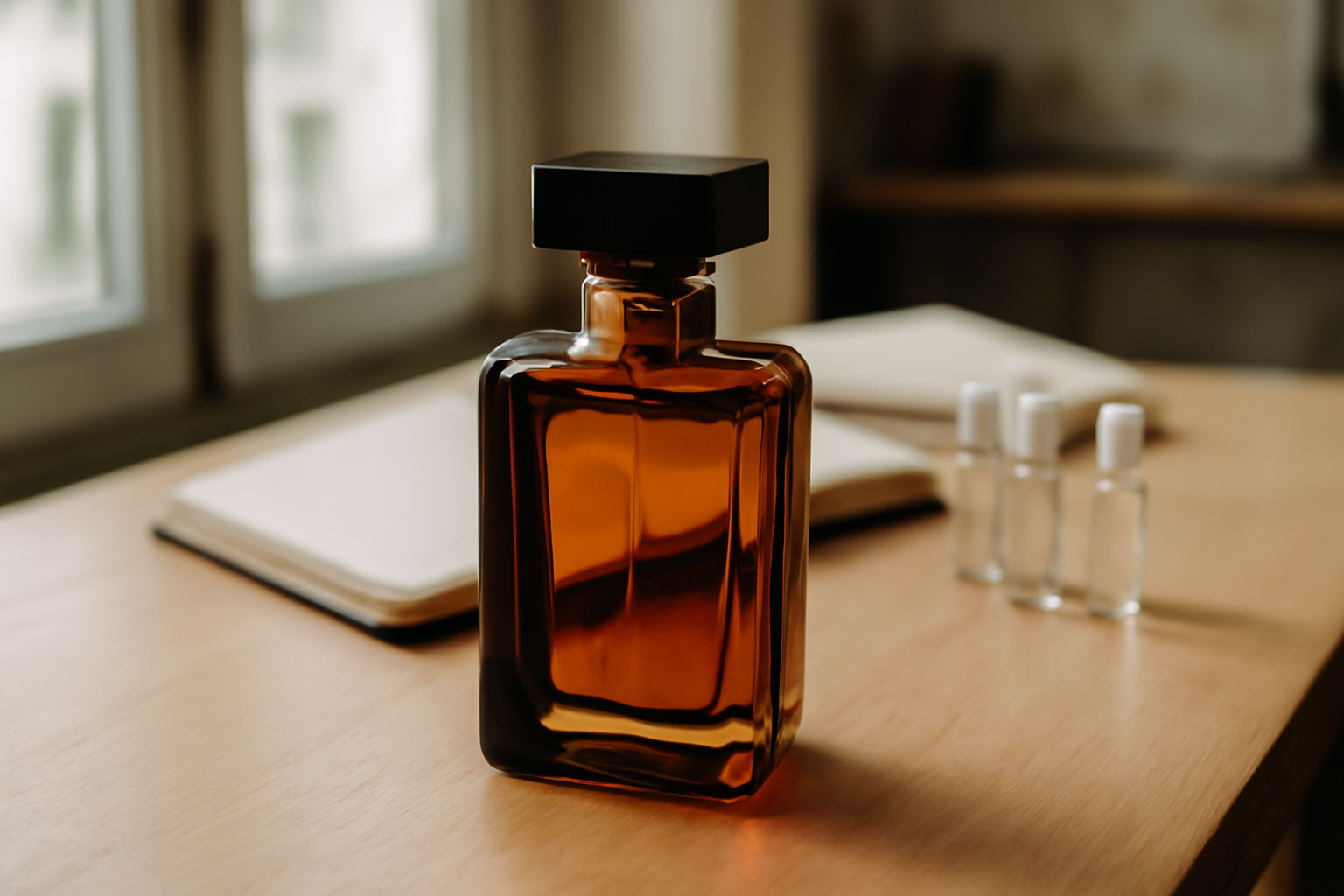 Flacon de parfum marc antoine barrois sur table, lumière naturelle