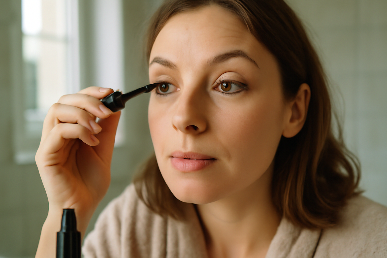 mascara waterproof noir intense appliqué sur des cils, lumière naturelle, salle de bain