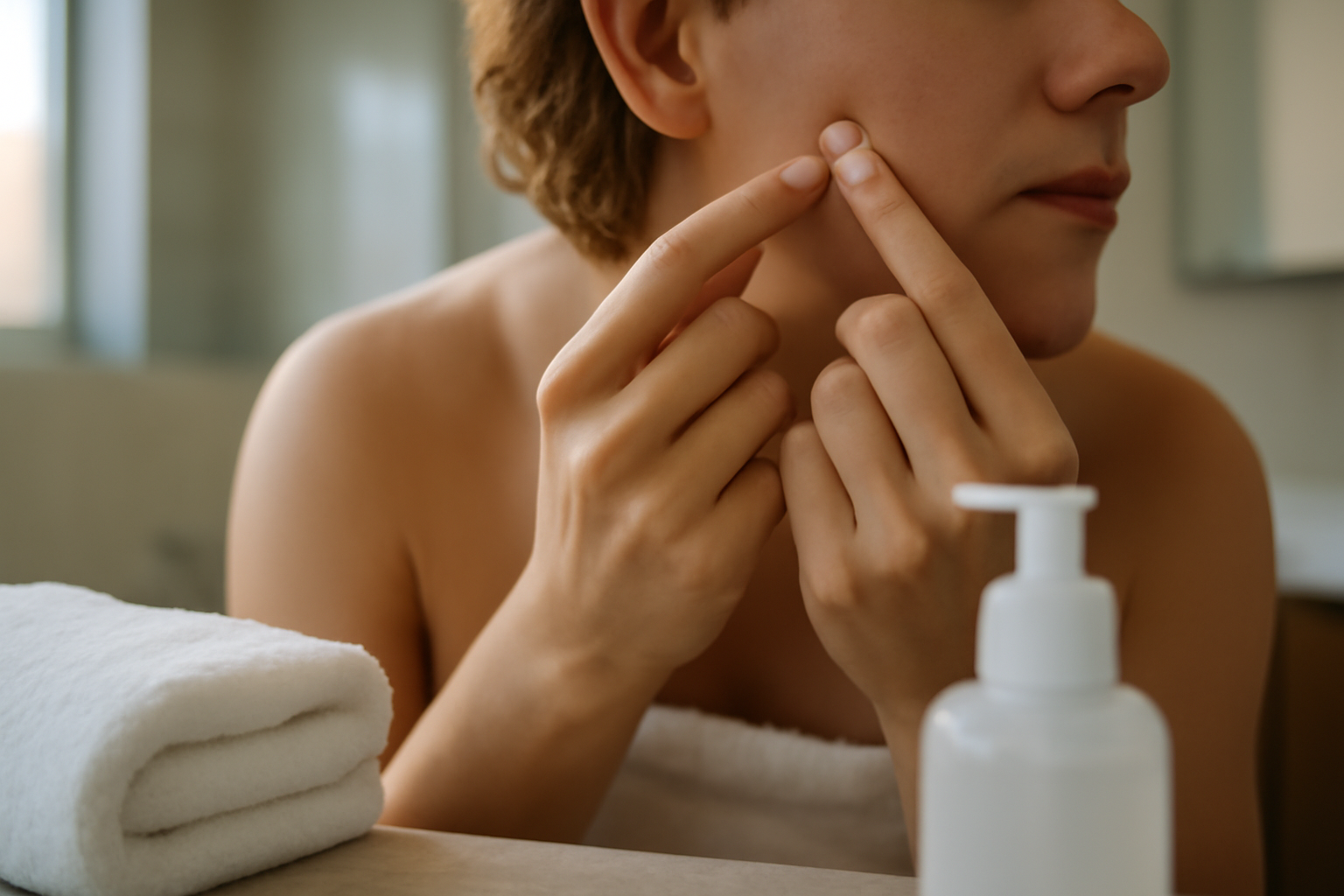 master pimple patch sur peau propre, pose nocturne sur un bouton du visage, lumière naturelle