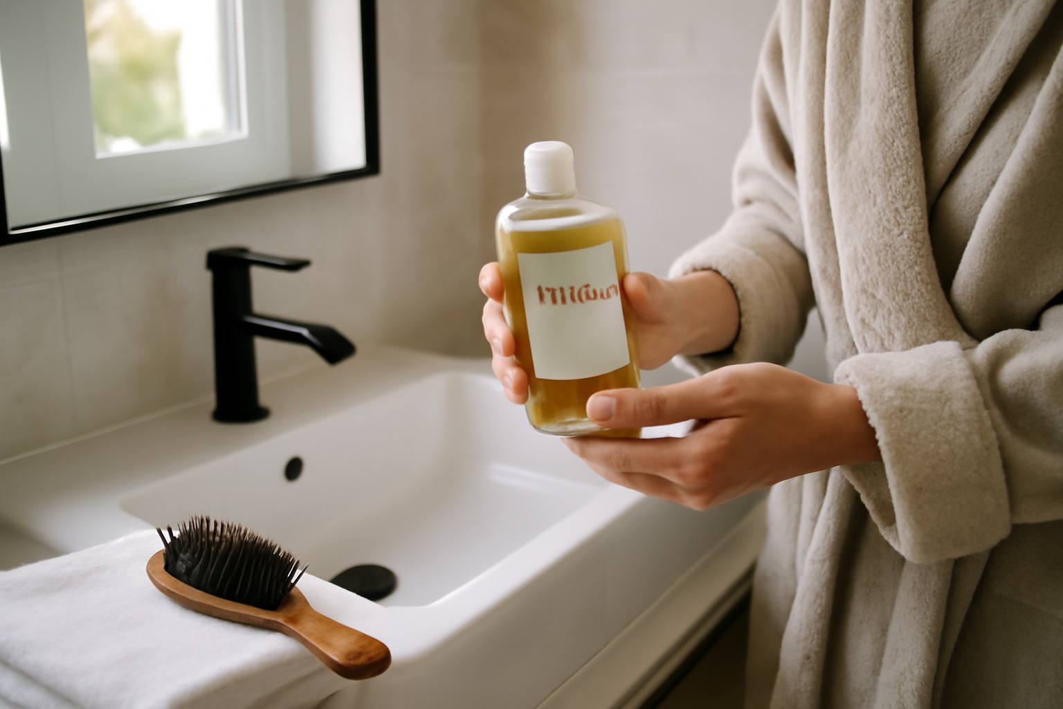meilleur shampoing : flacon de shampoing et brosse sur une salle de bain lumineuse