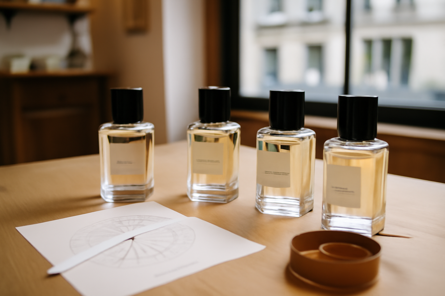 parfum d'empire sur une table en bois avec flacons de niche et lumière naturelle