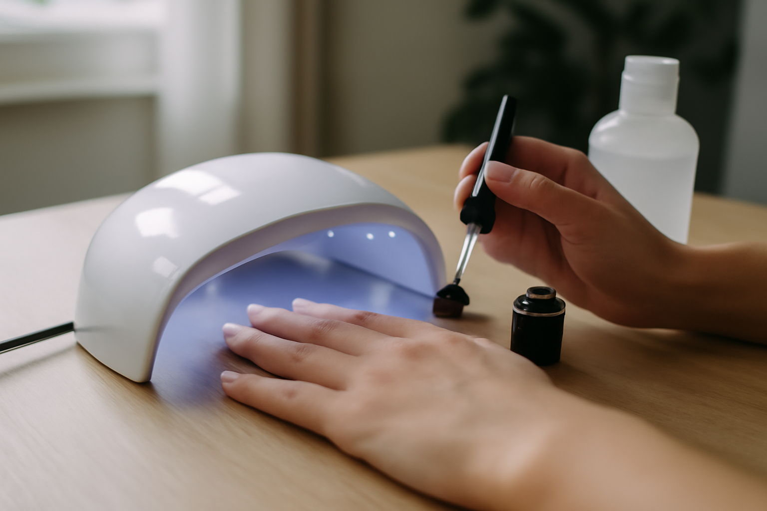 Pose vernis semi permanent : mains avec base coat et lampe LED sur table de manucure