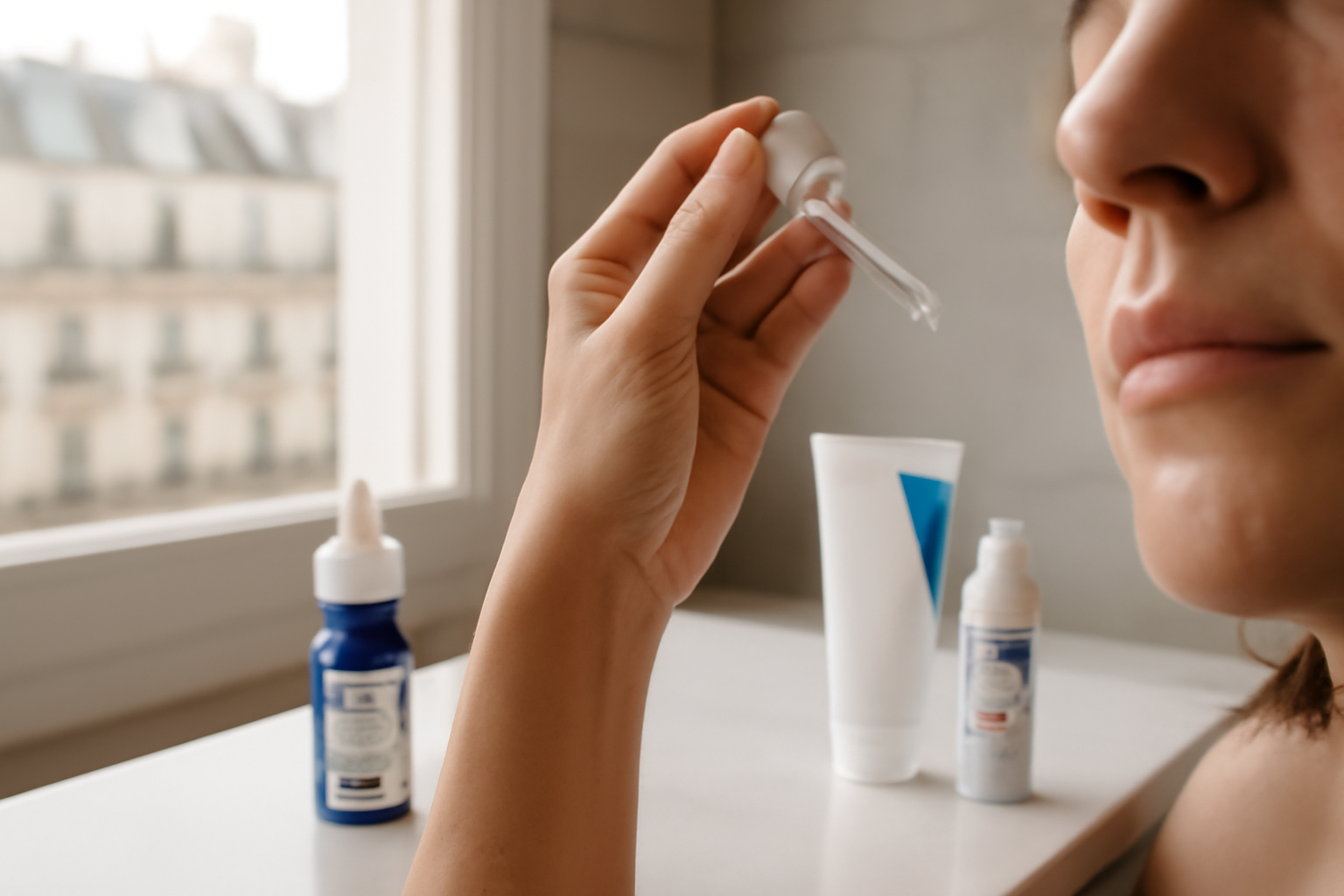 retinol cerave sur une table de salle de bain, flacon de sérum et crème hydratante, lumière naturelle