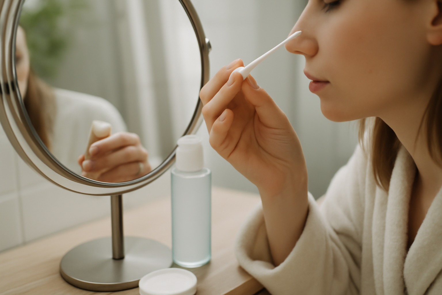 routine serum cils : applicateur fin, miroir et démaquillage doux, scène photo réaliste