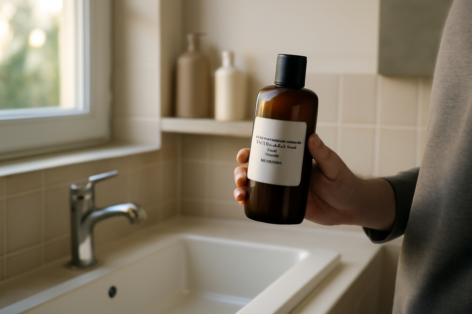 shampoing cheveux gras sur étagère de salle de bain, bouteille et mousse, lumière naturelle