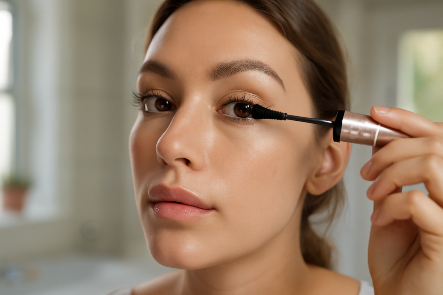 Sky high mascara Maybelline sur un maquillage des yeux, brosse appliquant à la racine, lumière naturelle