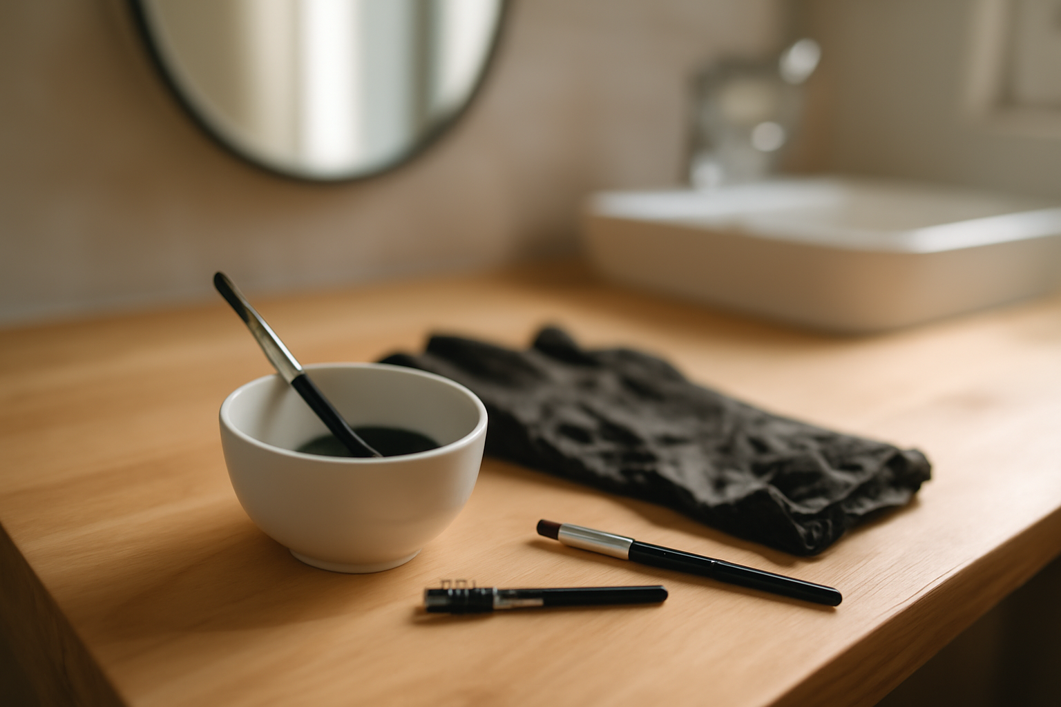 sourcil teint : kit de teinture pour sourcils sur table de salle de bain, lumière naturelle