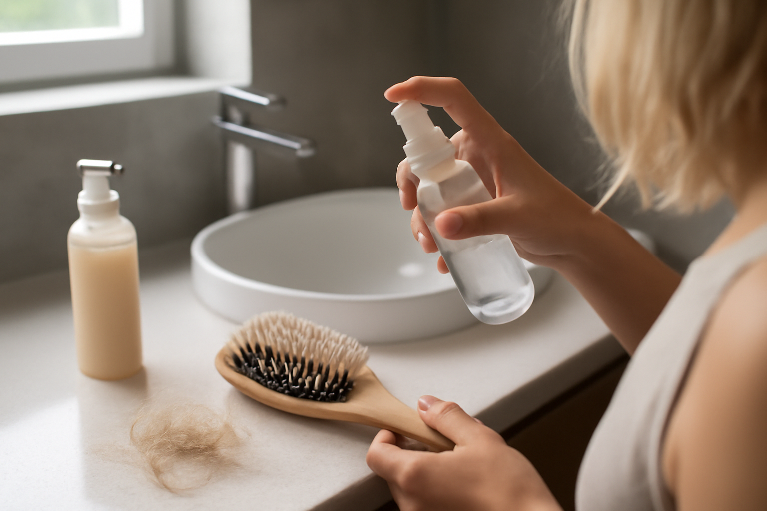 spray eclaircissant cheveux vaporisé sur cheveux blonds dans une salle de bain lumineuse