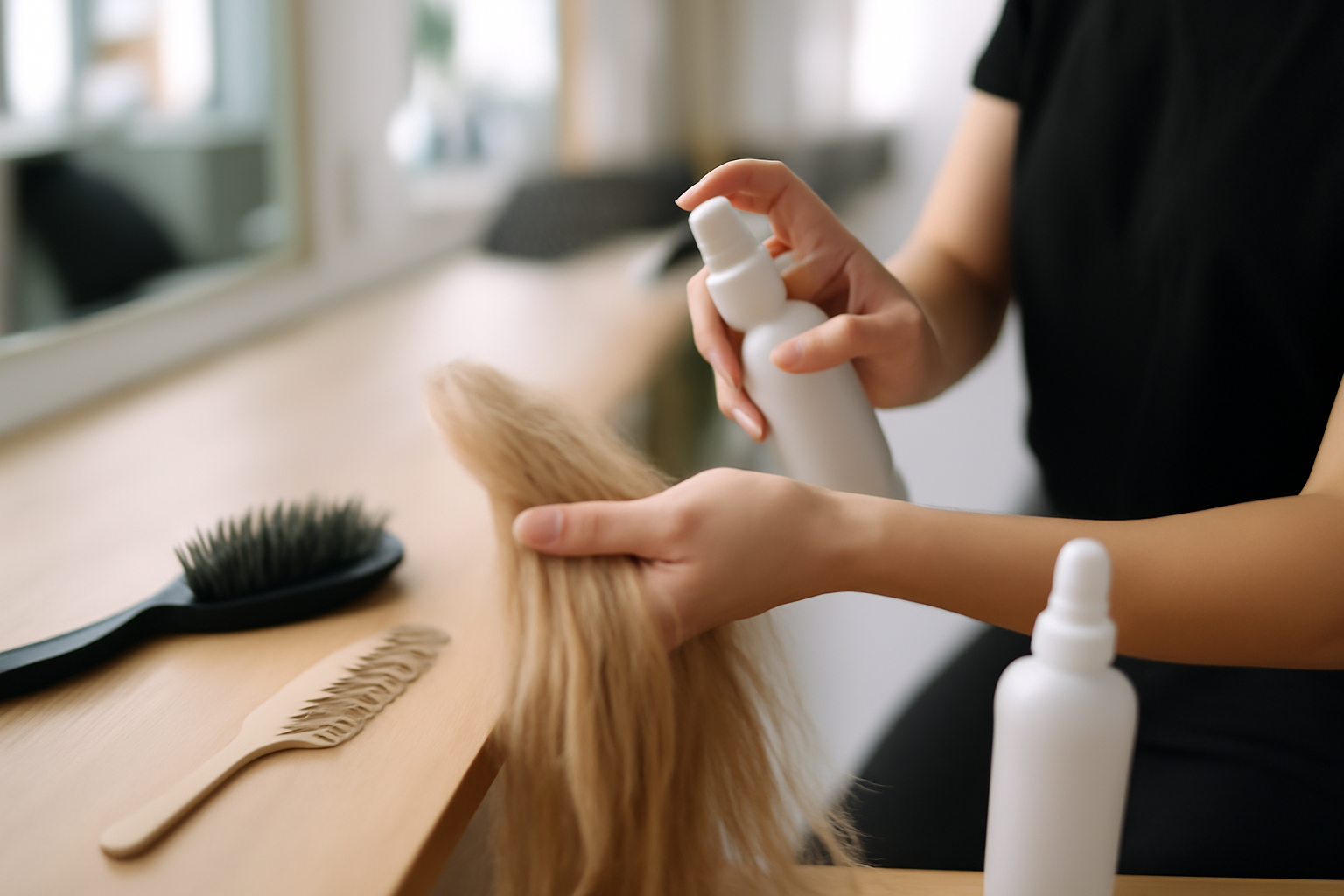 peigne répartissant un spray eclaircissant cheveux sur cheveux blonds en mèches