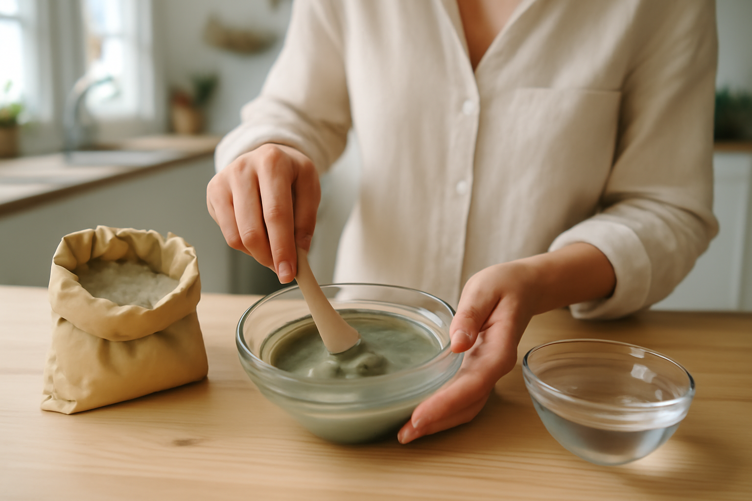 cataplasme argile verte sur une compresse, préparation en récipient en verre et spatule en bois, lumière naturelle