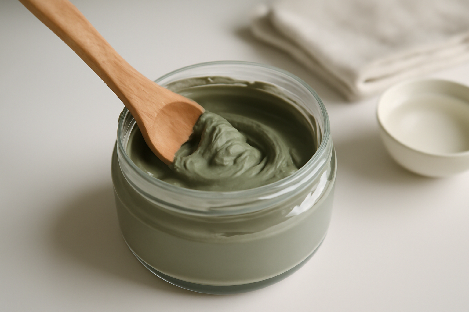 pâte d’argile verte homogène dans un récipient en verre, spatule en bois, texture épaisse prête à être appliquée