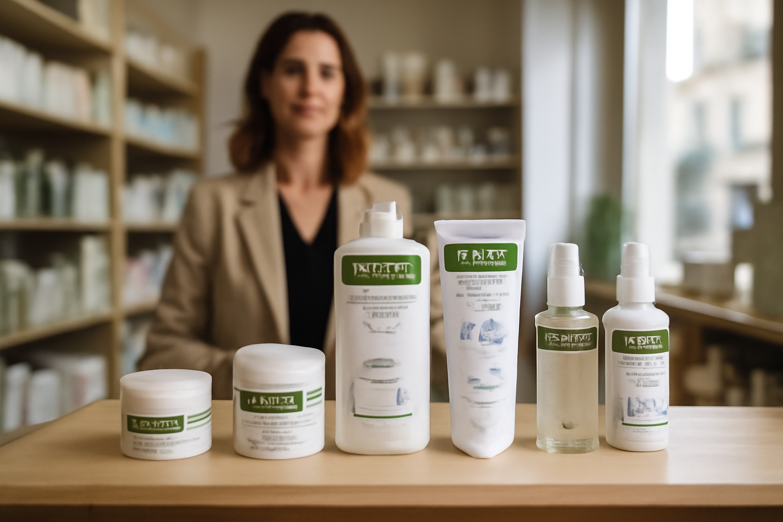 Gamme cattier bio sur étagère en boutique française, produits visage et cheveux, lumière naturelle