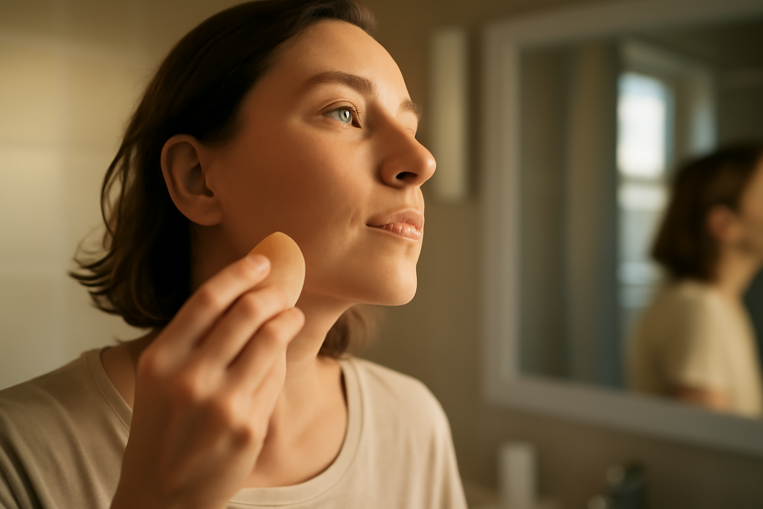 CC crème appliquée sur la mâchoire pour vérifier l’adaptation de teinte