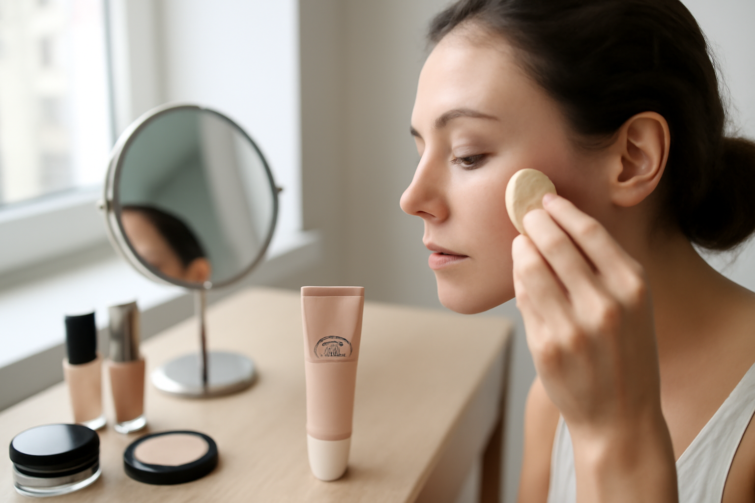 Application de CC crème en fine couche avec éponge pour un rendu naturel