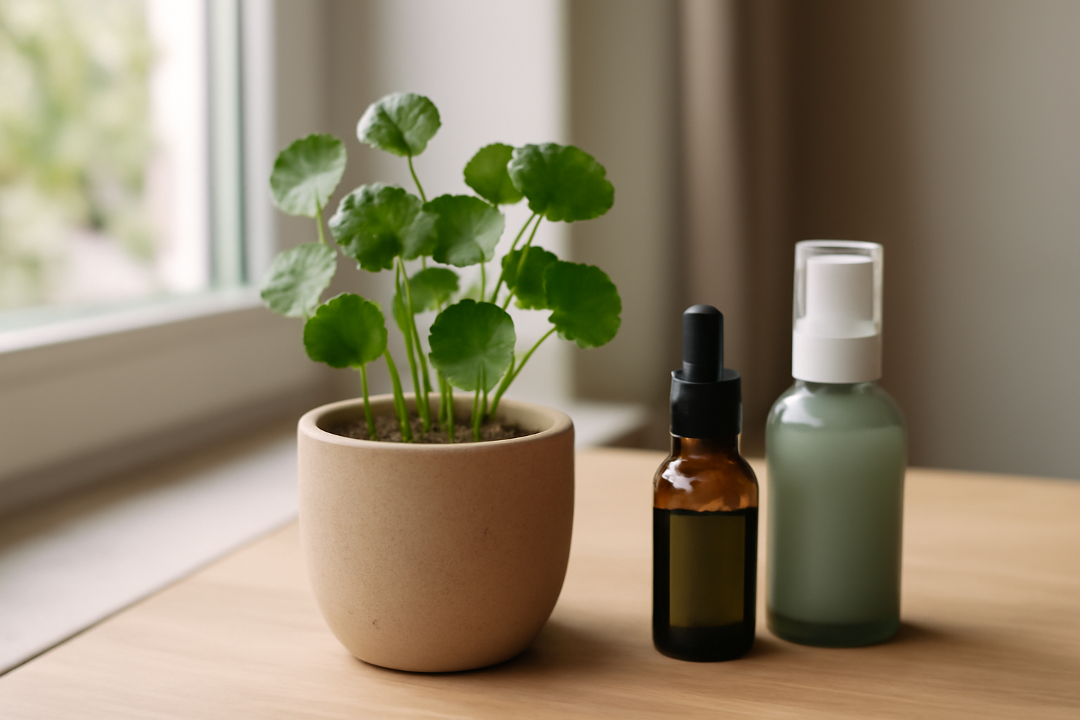 centella asiatica en herbe du tigre et extrait pour routine visage sur plan de travail lumineux