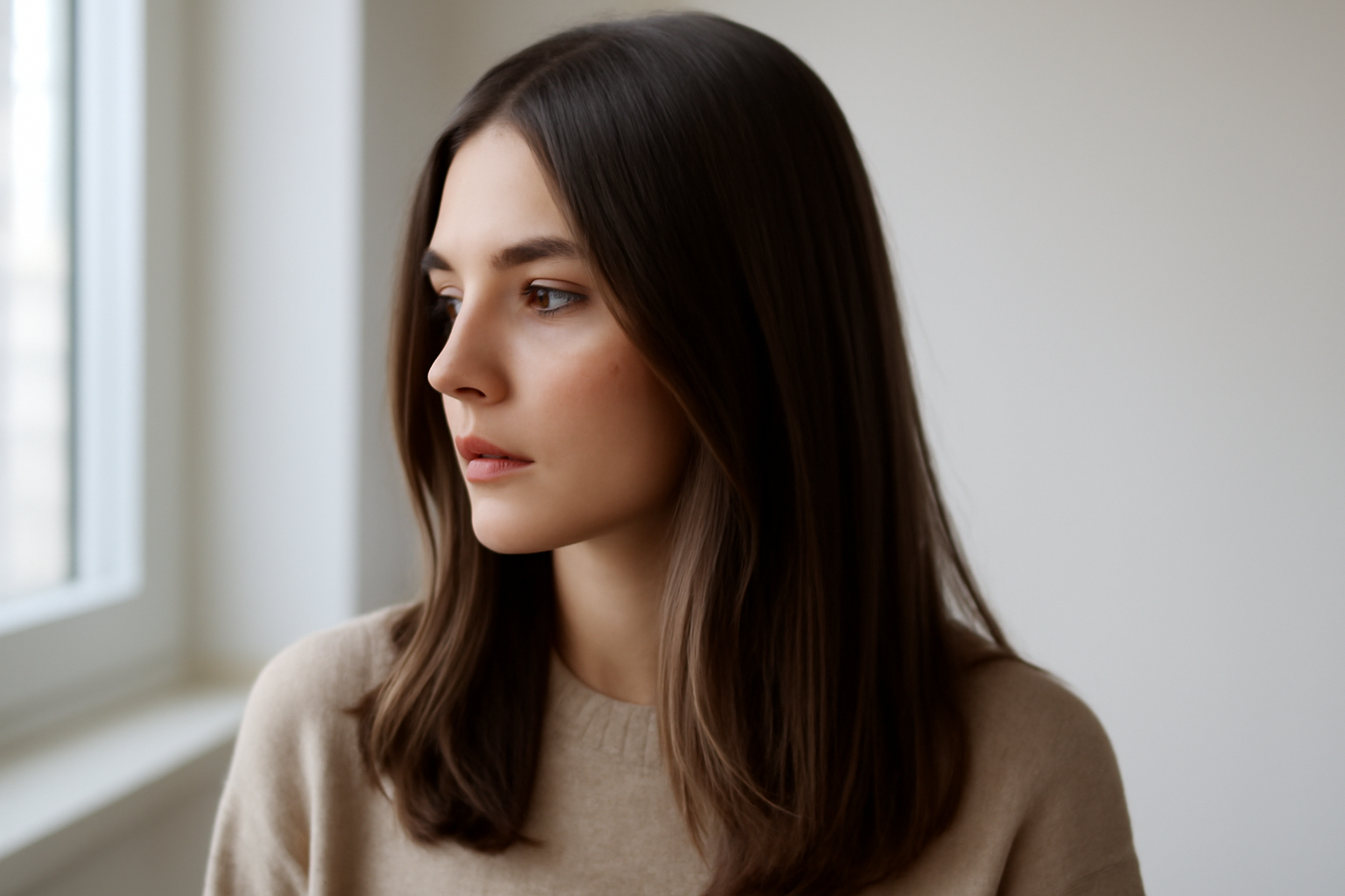 Cheveux marron glacé lumineux sur modèle, reflets froids en lumière naturelle