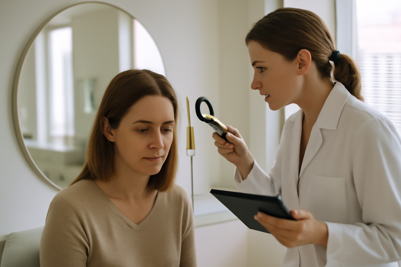Chute de cheveux chez la femme : cuir chevelu examiné en consultation, lumière naturelle
