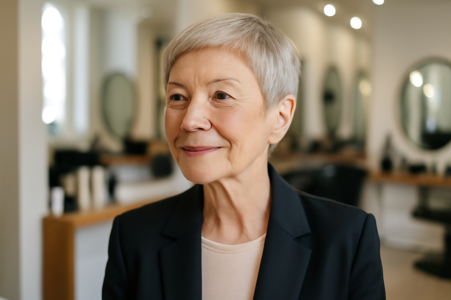 coiffure femme 70 ans cheveux fins : coupe courte structurée avec dégradé doux et volume racines