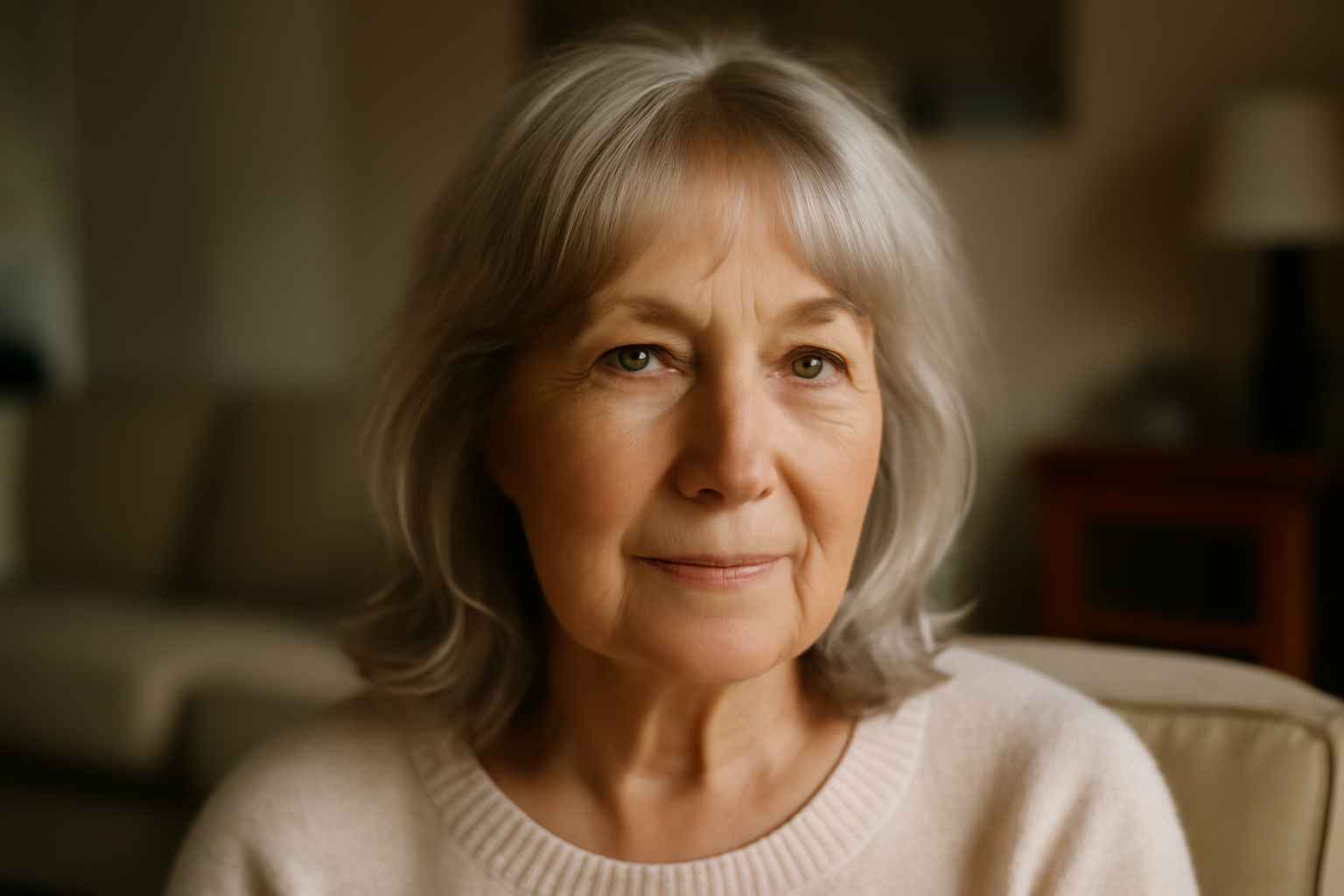 coiffure femme 70 ans cheveux fins avec frange légère et raie décalée pour créer du lift