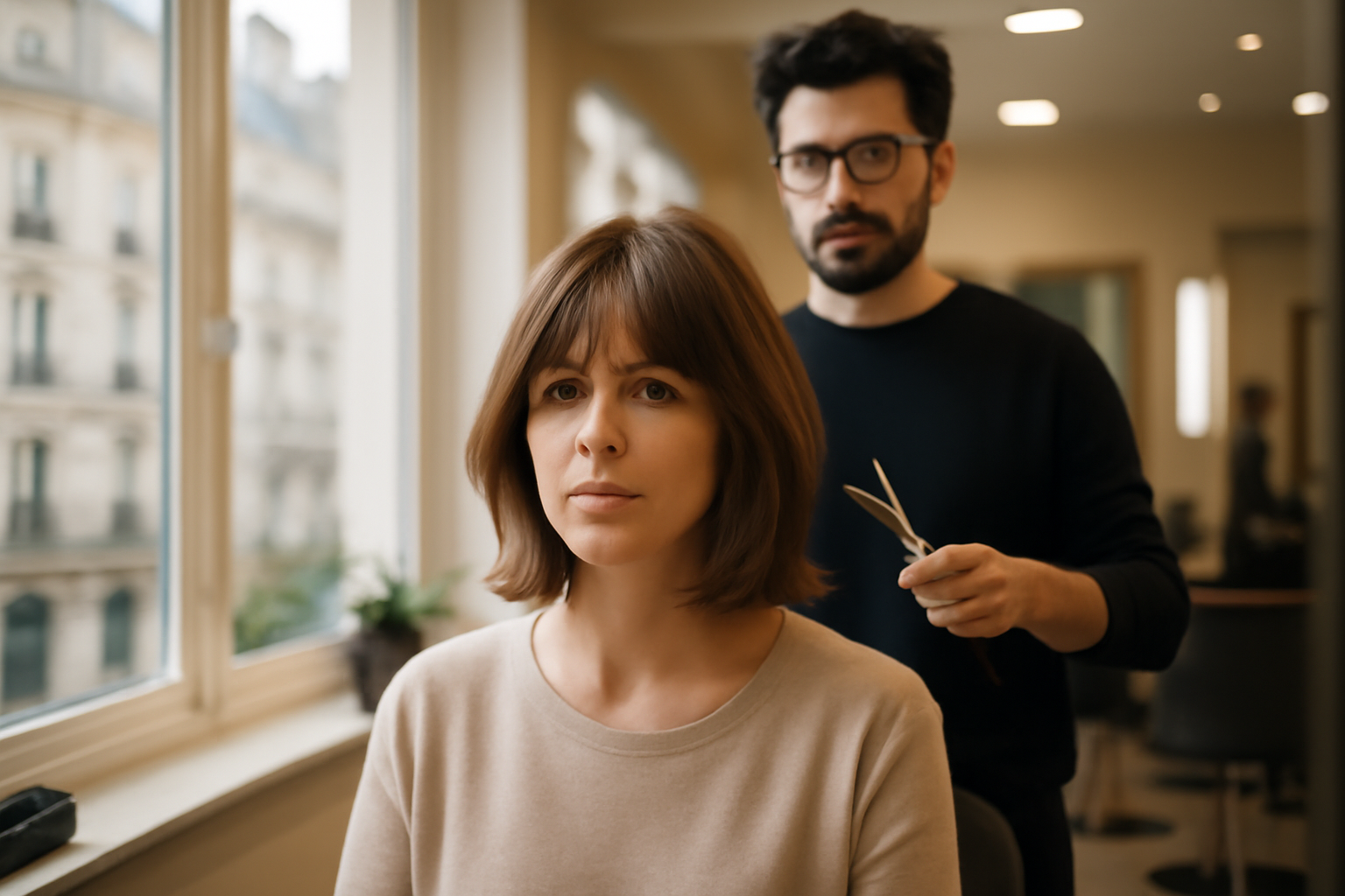coupe de cheveux carré moderne avec dégradé progressif et frange rideau
