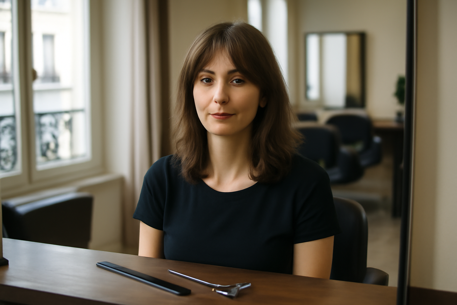 coupe degradée sur cheveux mi long avec frange rideau et dégradé doux, photo réaliste