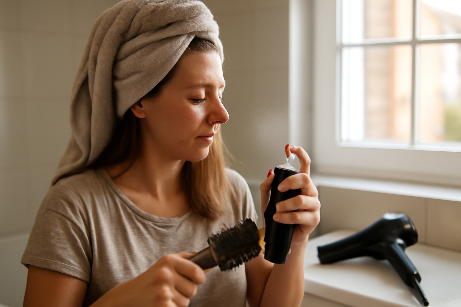 entretien coupe degradée sur cheveux mi long : séchage racines d’abord et protection thermique