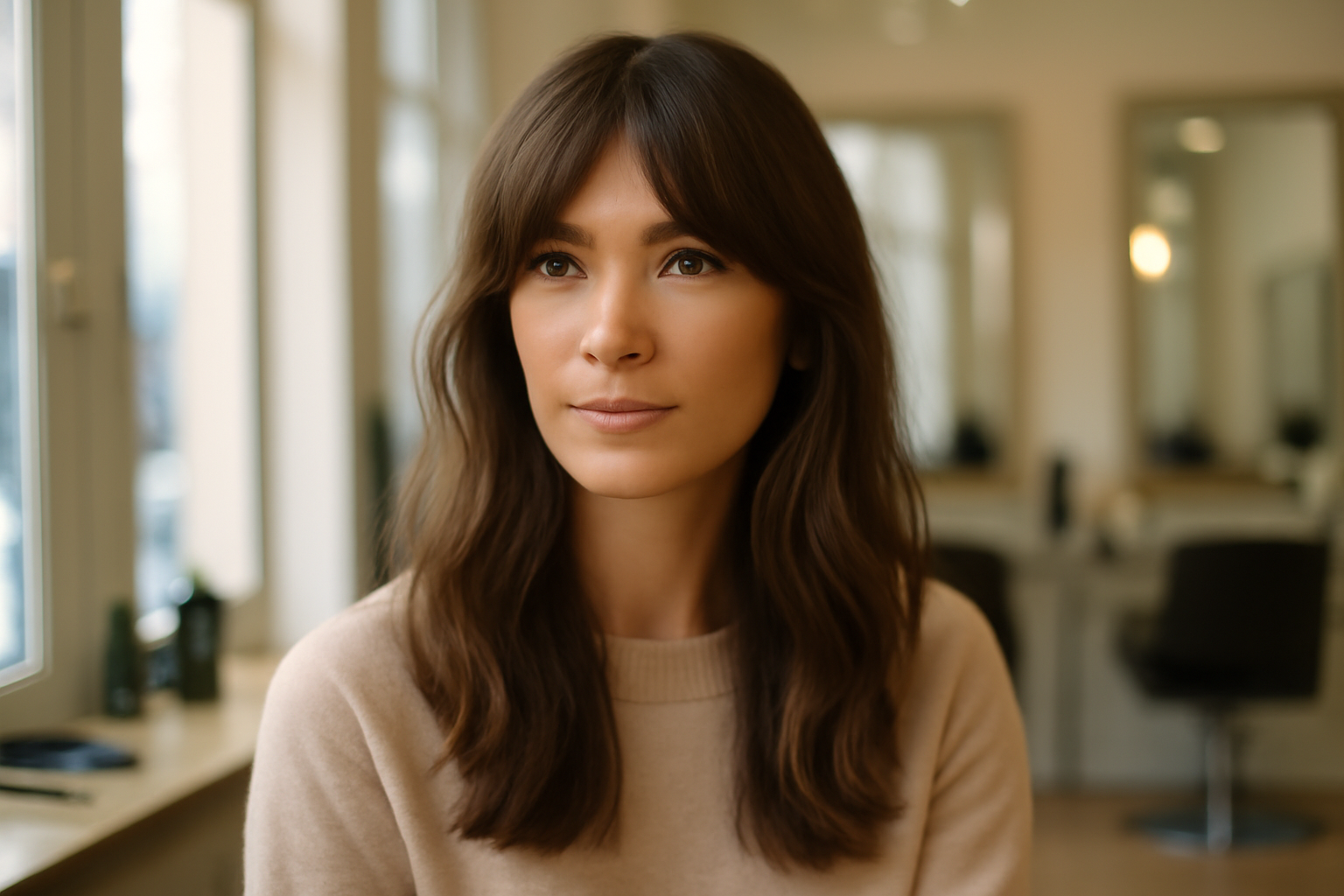 coupe de long cheveux femme avec frange rideau et dégradé naturel