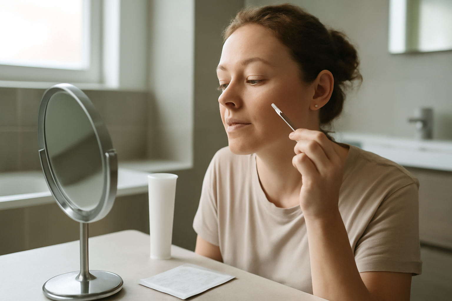 Crème dépilatoire visage appliquée sur le contour des lèvres, test de sensibilité sur peau propre, lumière naturelle