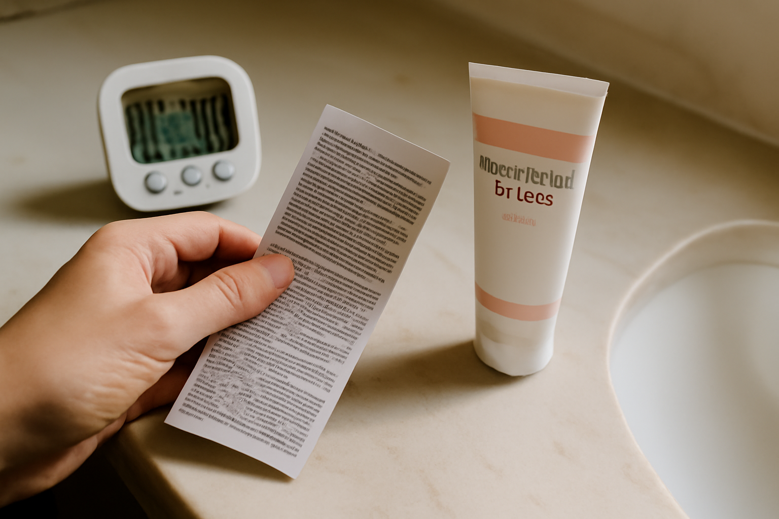 Lecture de la notice d’une creme depilatoire visage sur plan de travail, main tenant le packaging, lumière naturelle