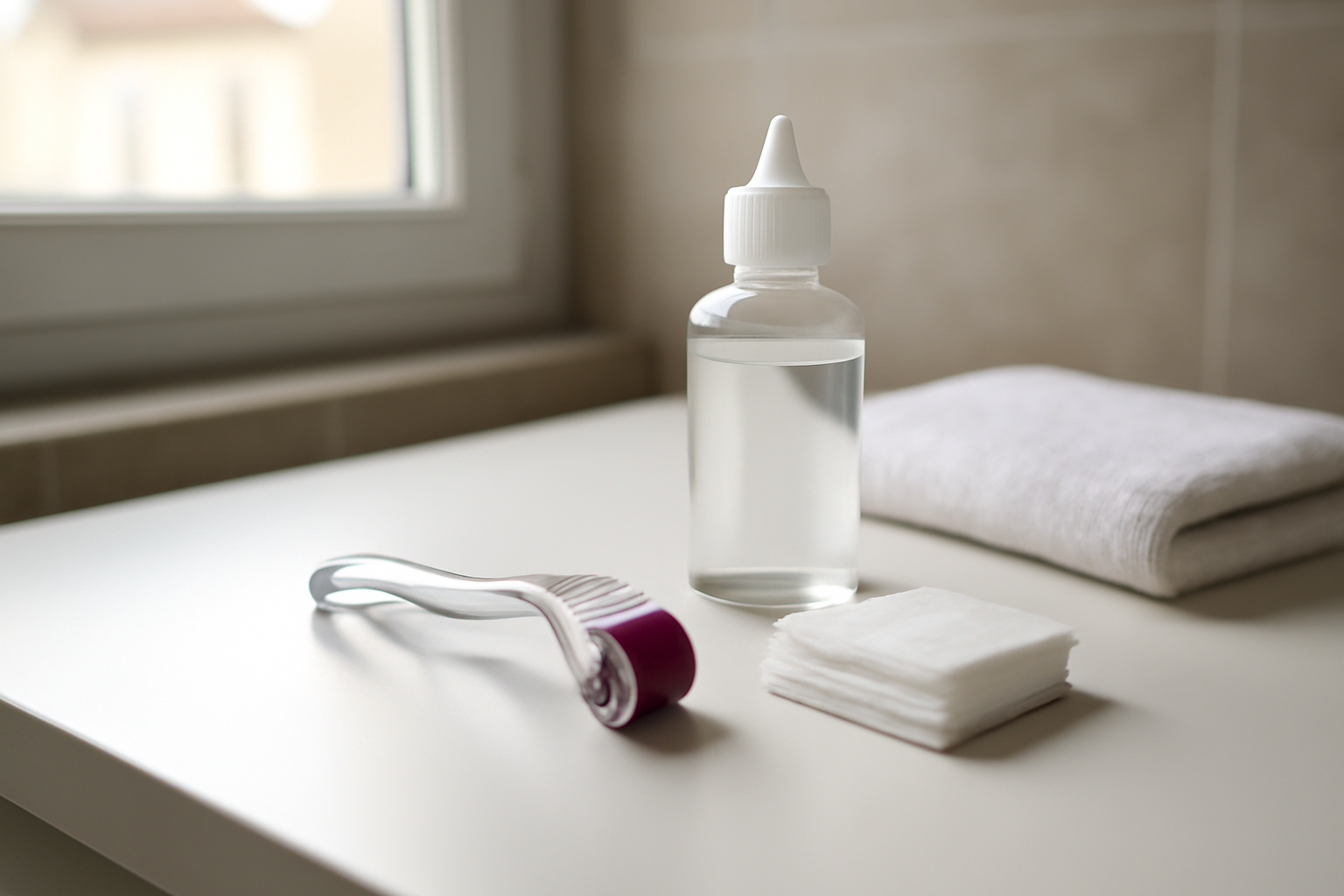 derma roller sur table de salle de bain, flacon de désinfection et compresse stérile