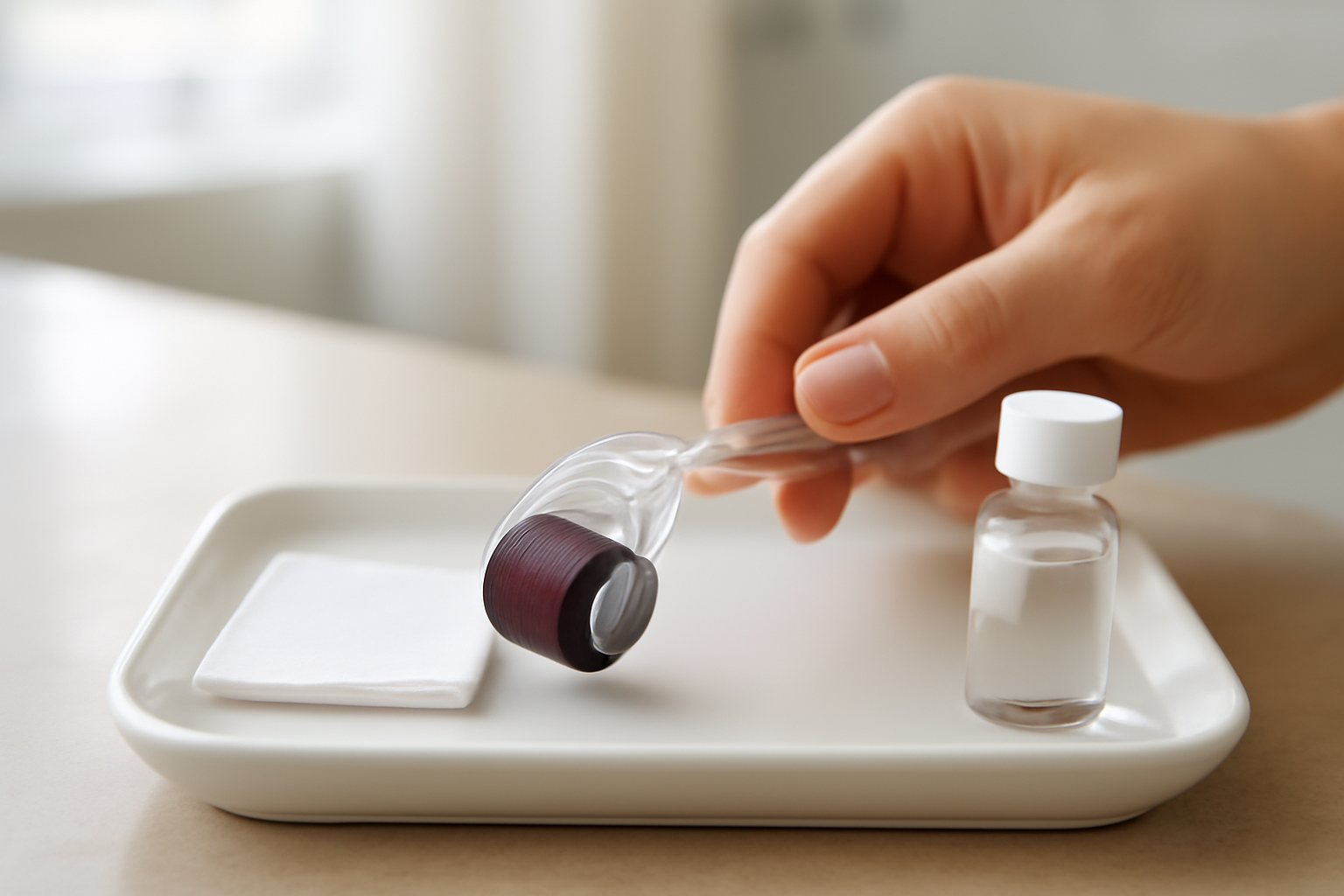 désinfection d’un derma roller avec solution et compresse stérile