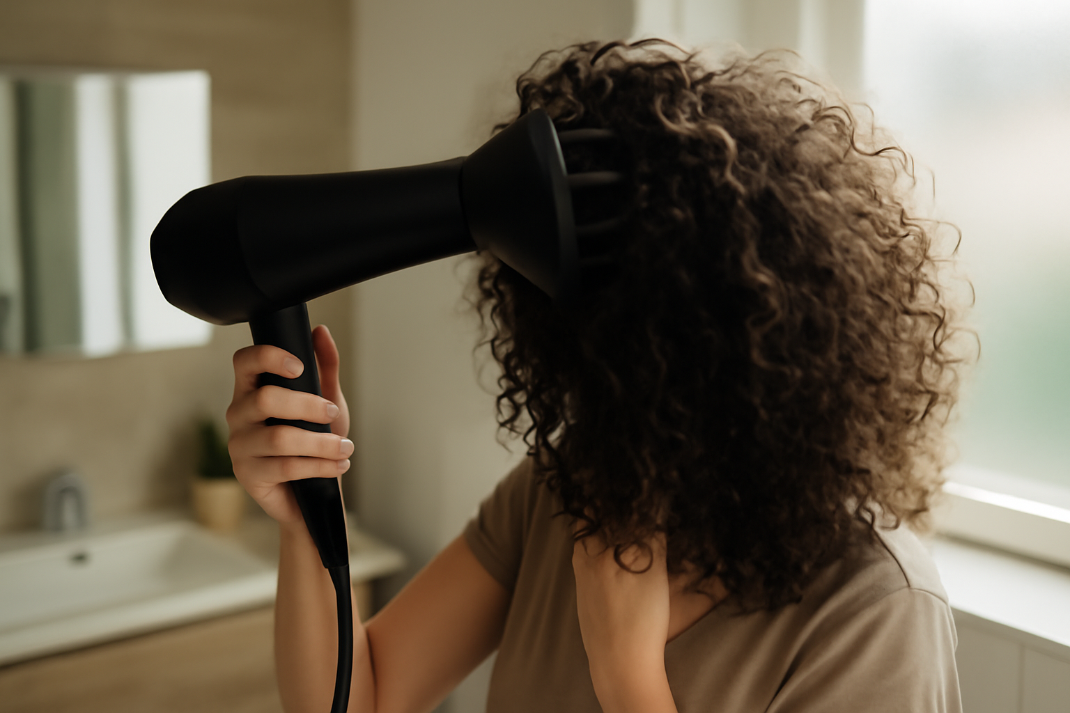 Diffuseur seche cheveux sur sèche-cheveux, doigts du diffuseur et boucles en cours de séchage