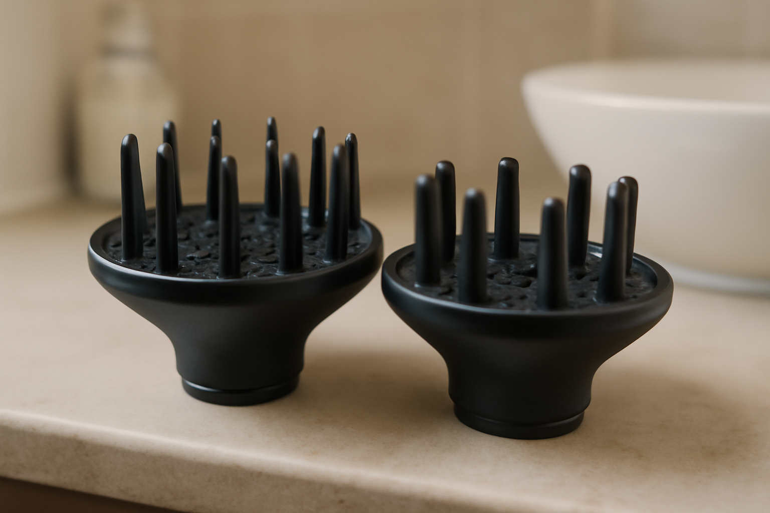Comparaison de diffuseur seche cheveux avec doigts fins et fixation sur embout, vue détaillée des matériaux