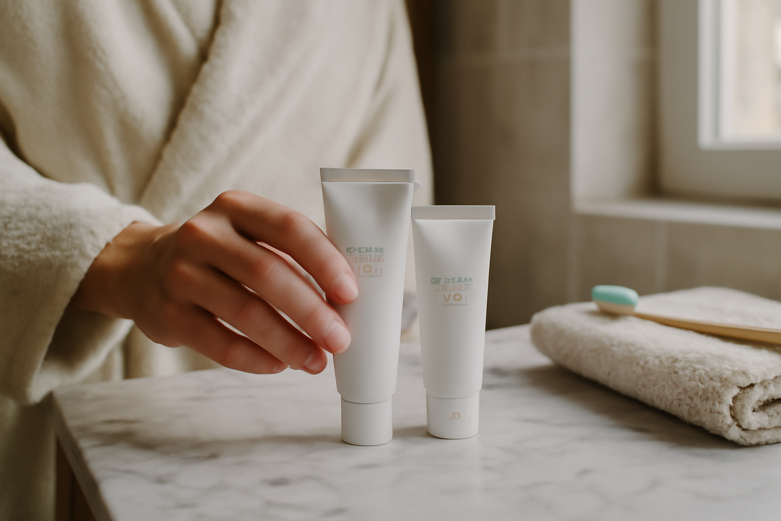 epiduo gel sur une table de salle de bain, tube de gel et crème hydratante, lumière naturelle