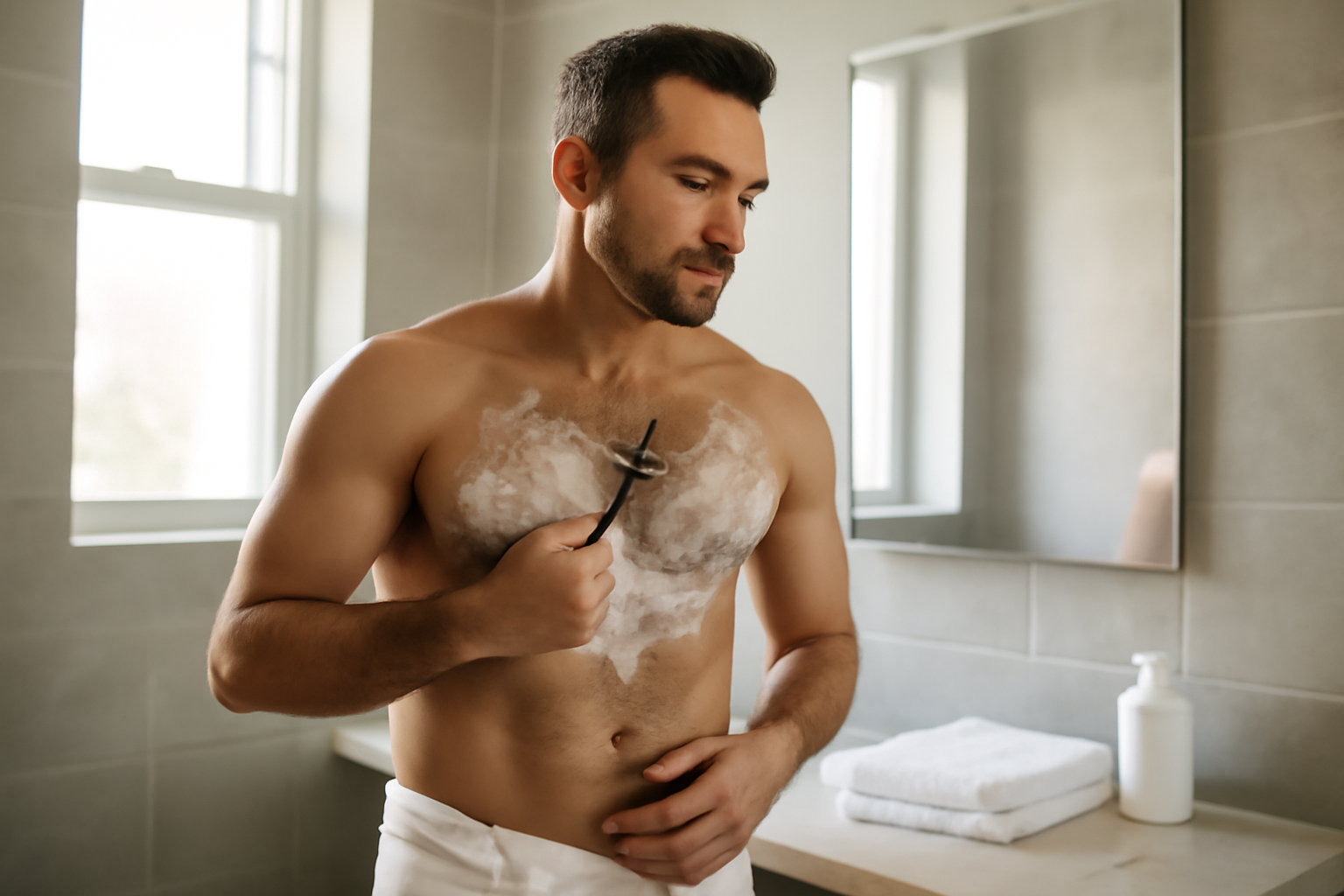 Épilation pour les hommes : préparation de la peau et application d’un soin apaisant après rasage sur peau masculine