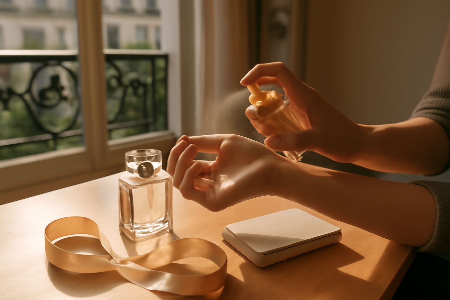 guerlain parfum femme sur table, flacon élégant et lumière naturelle