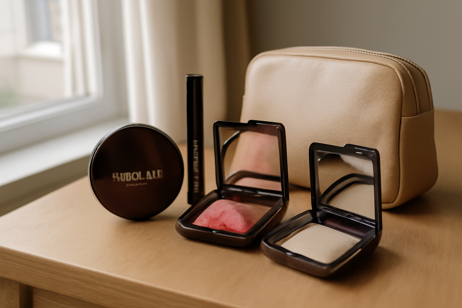 Photo réaliste de produits de maquillage hourglass sur une coiffeuse avec lumière naturelle