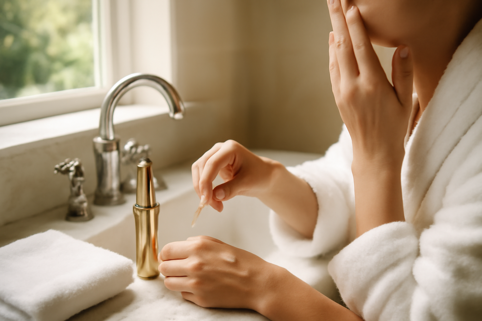 Photo réaliste d’une routine skincare avec sérum hourglass sur peau propre, lumière naturelle
