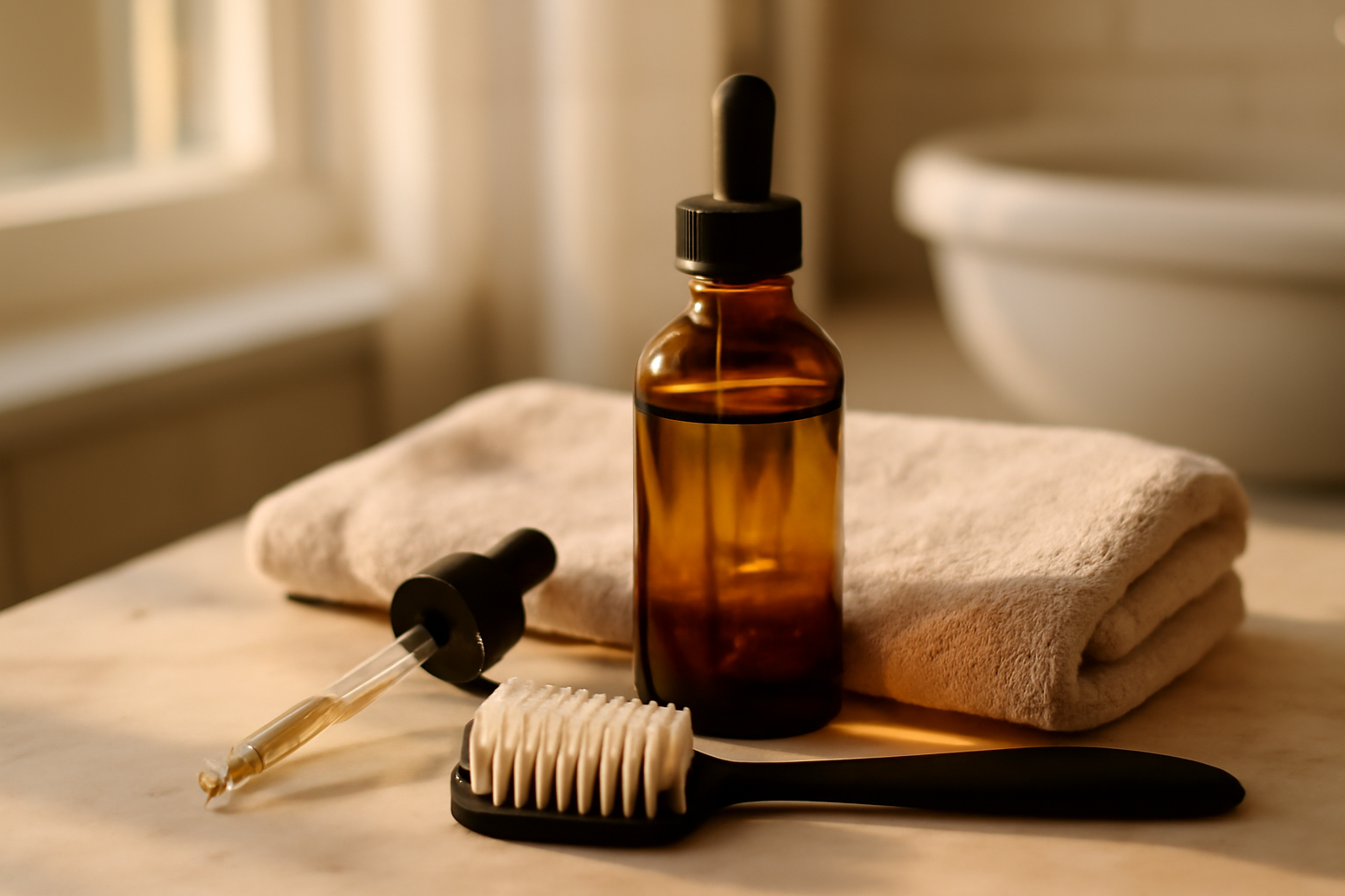 huile pousse cheveux : flacon d’huile végétale et pinceau pour appliquer sur le cuir chevelu