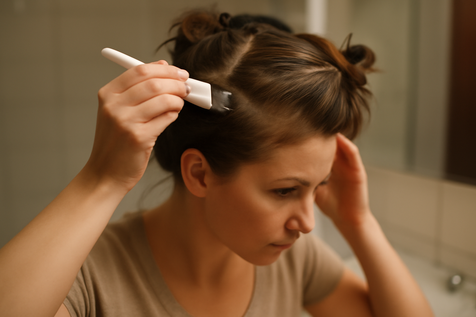 application mèche par mèche de l’huile pousse cheveux avec un applicateur sur le cuir chevelu