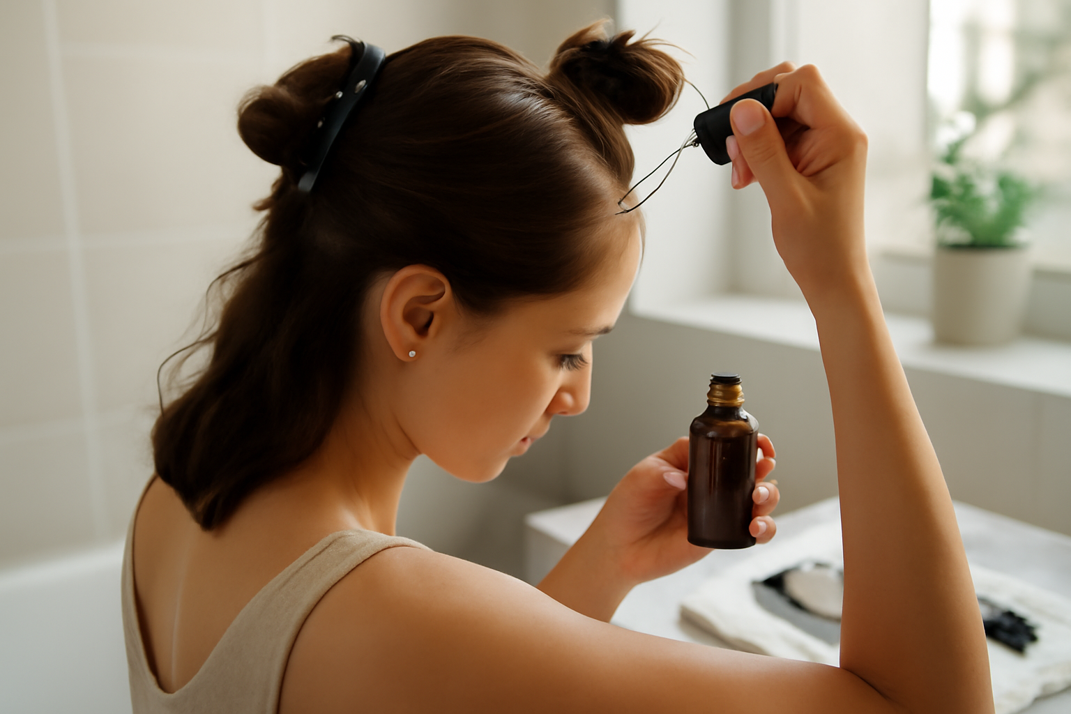Huile de romarin cheveux diluée dans une huile végétale, flacon en verre et massage du cuir chevelu, lumière naturelle