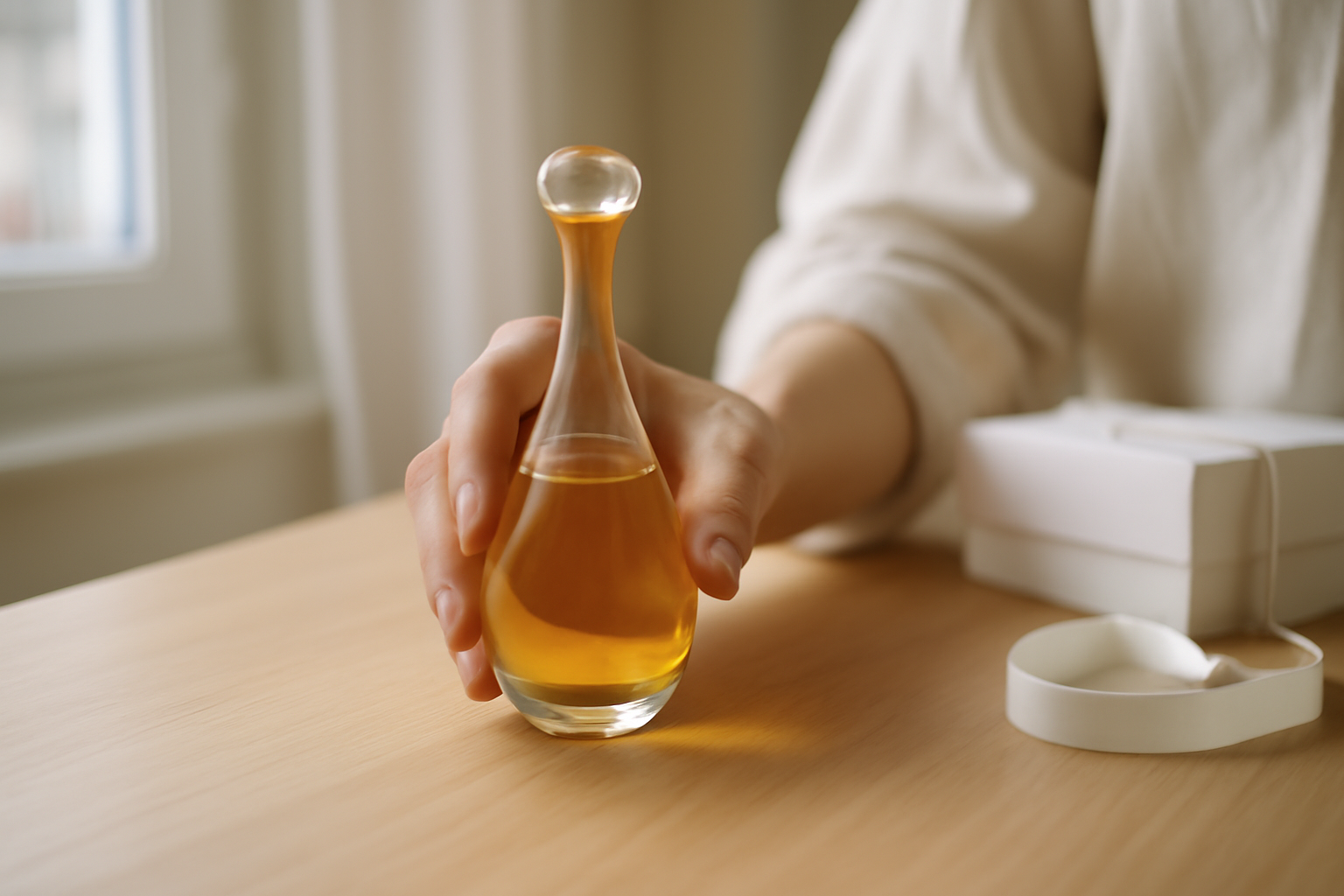 Bouteille de parfum J'adore de Dior sur table, lumière naturelle, flacon en gros plan