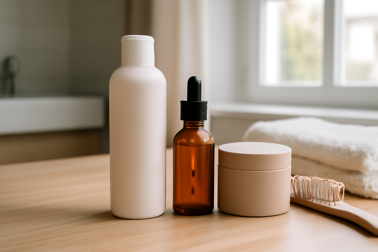 produits de soins capillaires maybe paris alignés sur une table, lumière naturelle