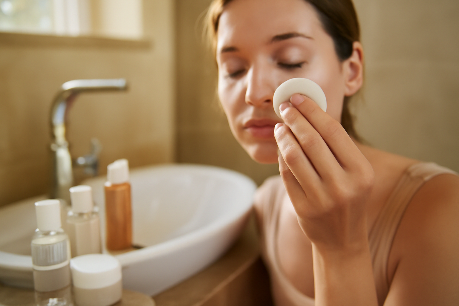 Retrait du mascara en douceur avec un démaquillant sur coton, routine hygiène des yeux