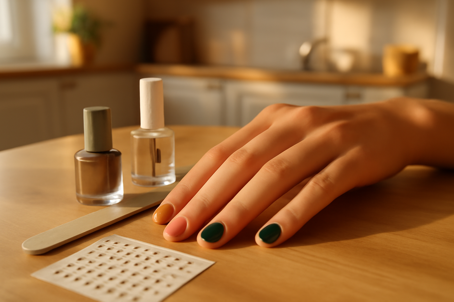 nail art automne 2025 en palette moka terre cuite et vert profond sur table en bois
